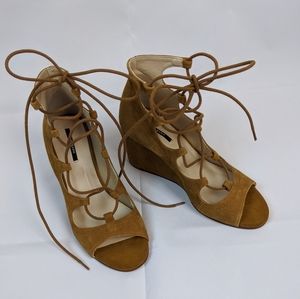 Zara Brown Suede Open Toe Lace-Up Booties 36